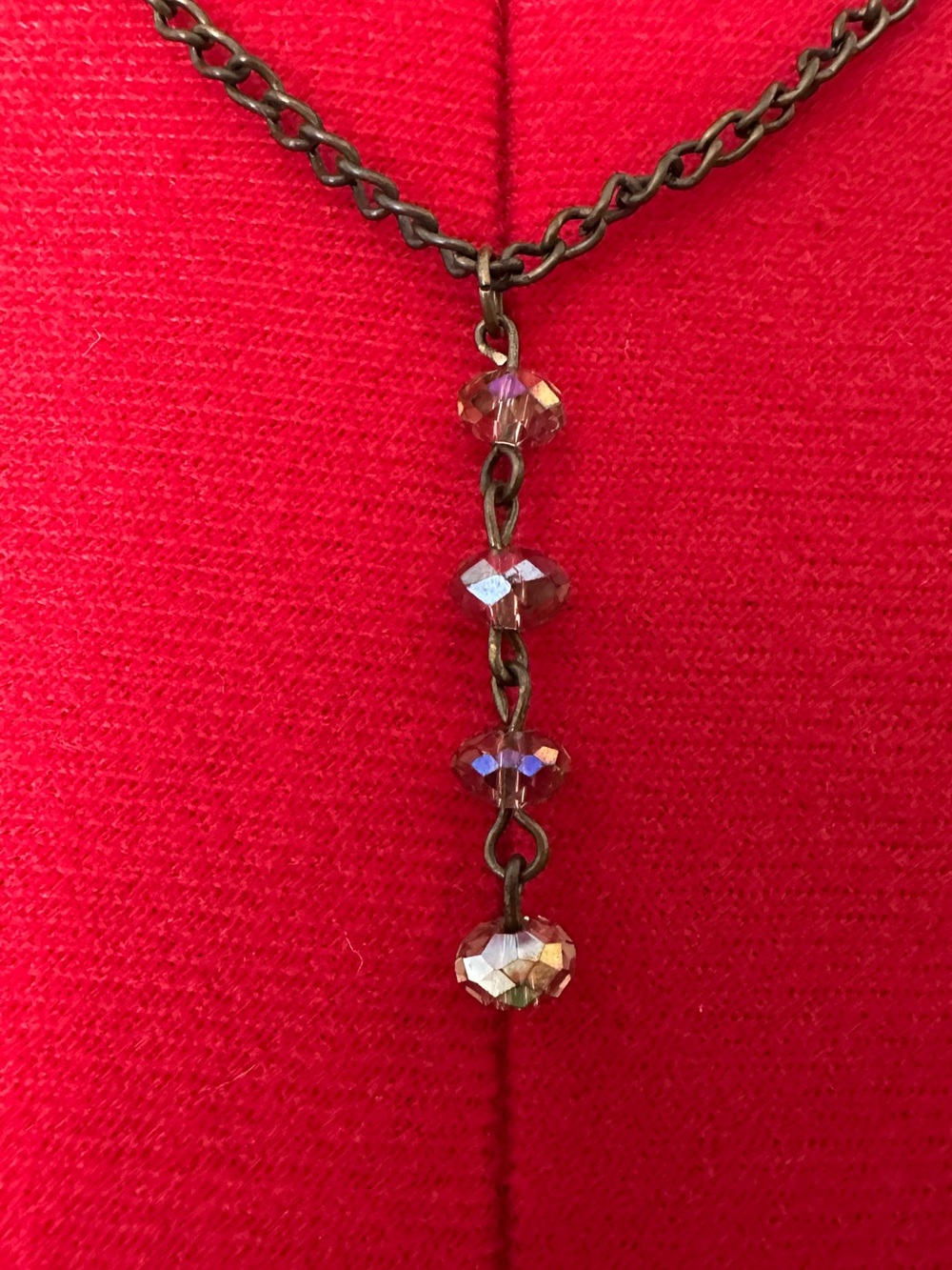 Vintage Bronze Chain Necklace with Iridescent Crystal Drops